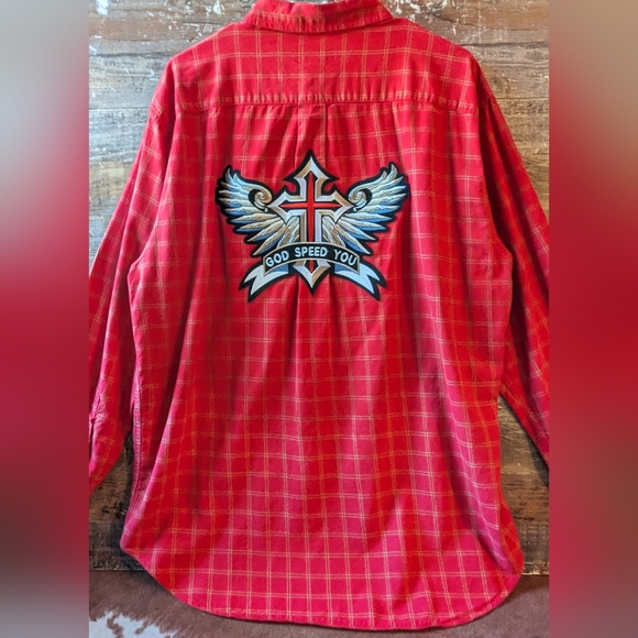 Upcycled Handcrafted Dip Dyed Bleached Red Plaid Button Down Shirt W God Speed - Picture 2 of 14